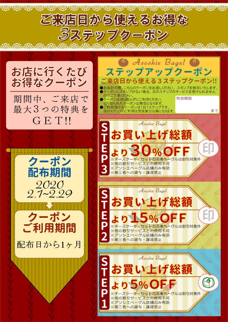 ご来店日、当日からご利用いただけるステップアップクーポン。ご来店のたびに5%off、15%off、30%offとお得な3段階クーポン!!