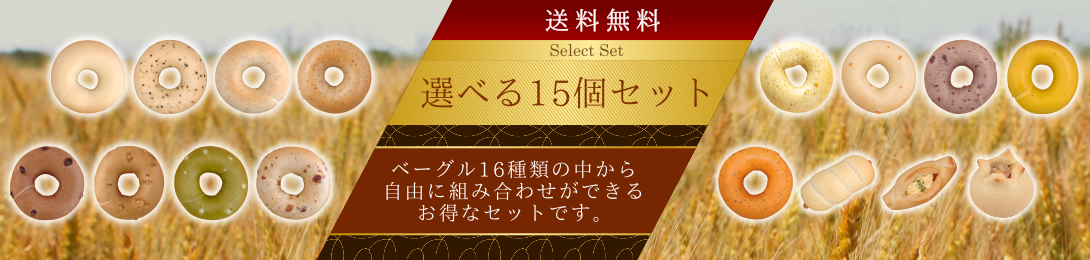 アソシエベーグルの選べる15個セットはこちらをクリック。14種類の中から組み合せ自由な15個セット。日本全国送料無料でお届け。お好きな種類を選びたい方にお勧めのセットです。